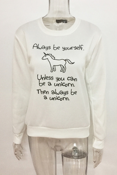 Leisure Long Sleeve Cartoon Unicorn Letter Printed Round Neck Sweatshirt