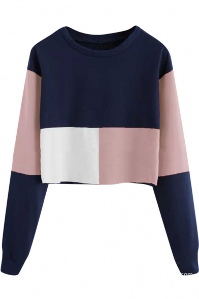 Leisure Long Sleeve Round Neck Colorblock Cropped Pullover Sweatshirt