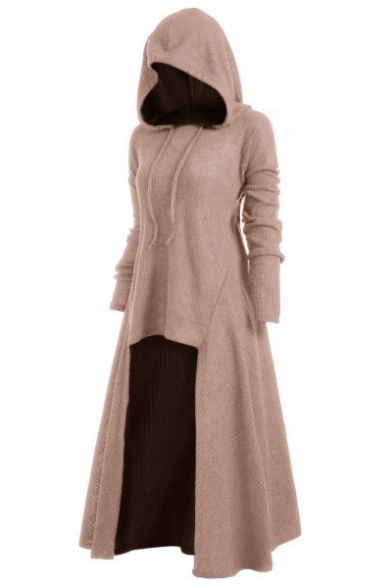 Loose Long Sleeve Plain High Low Asymmetrical Hooded Dress