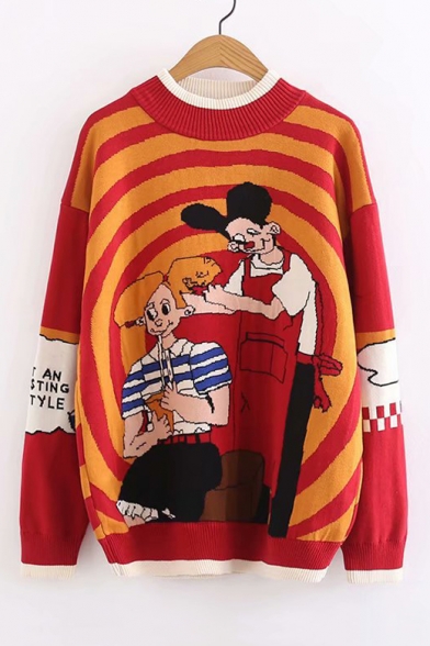 Mock Neck Long Sleeve Cartoon Character Jacquard Loose Red Knit Sweater