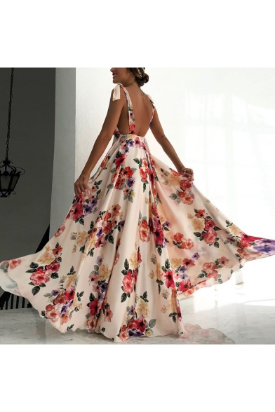 New Stylish Open Back Floral Printed V Neck Sleeveless Maxi Dress