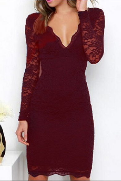 

New Trendy Long Sleeve Sexy V Neck Plain Lace Mini Sheath Dress, Blue;burgundy, LC495436