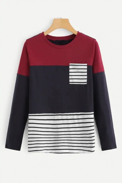 New Trendy Striped Colorblock Single Pocket Chest Round Neck Long Sleeve Loose T-Shirt