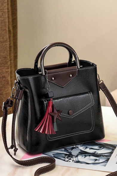 Popular Burgundy Flap Pocket Tassel Embellished Color Block Single Shoulder Bag