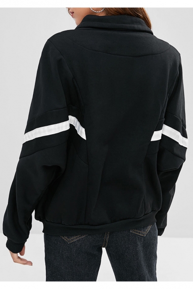 Popular Long Sleeve Stand Collar Contrast Trim Zip Placket Black Coat