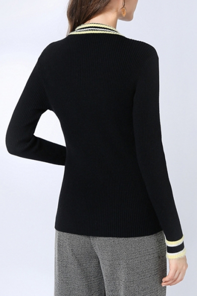 Retro Striped Pattern Crewneck Long Sleeve Slim Fit Women's Pullover Sweater
