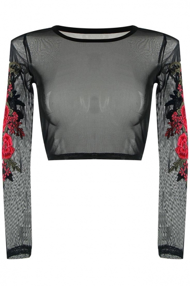 Sexy Sheer Mesh Embroidered Floral Crew Neck Long Sleeve Crop T-Shirt