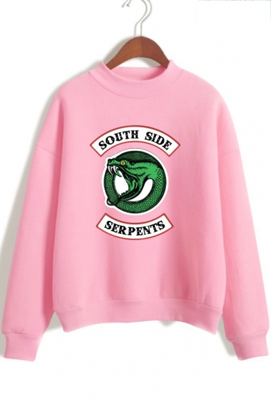 Soft Long Sleeve Mock Neck Dinosaur Letter SOUTH SIDE Printed Leisure Sweatshirt