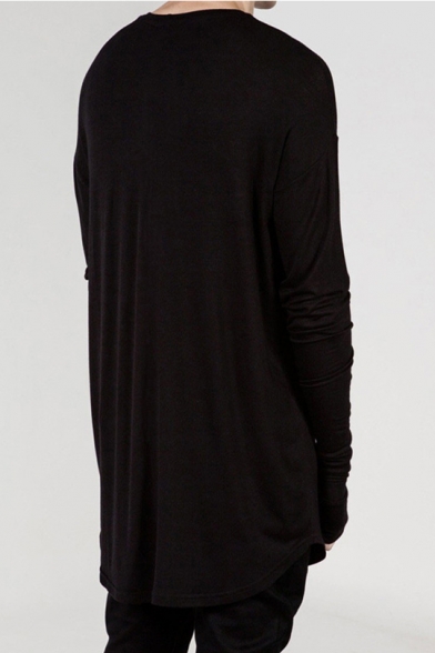Street Style Long Sleeve Round Neck Plain Curve Hem Relaxed Tee with Thumb Hole Cuff
