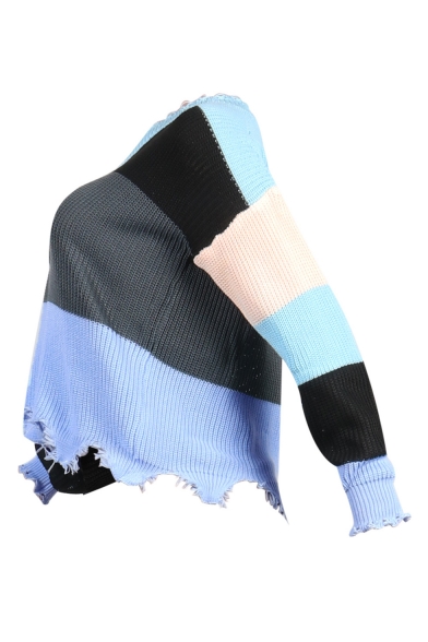 Stylish Colorblock V Neck Long Sleeve Asymmetrical Frayed Hem Cropped Sweater