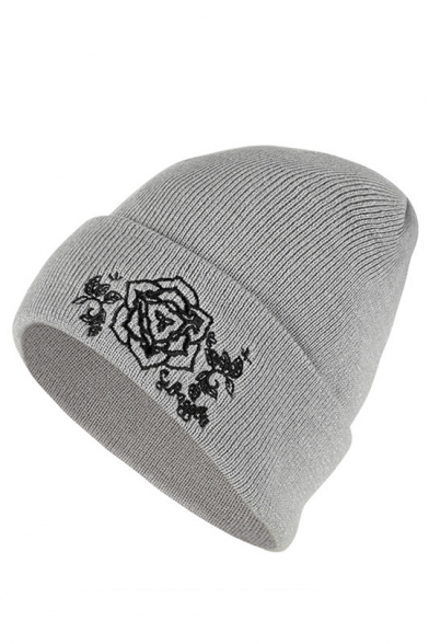 Warm Plush Floral Embroidered Knit Outdoor Beanie Hat