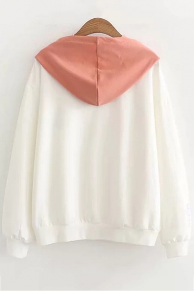 White Cute Cloud Embroidered Long Sleeve Colorblock Hoodie