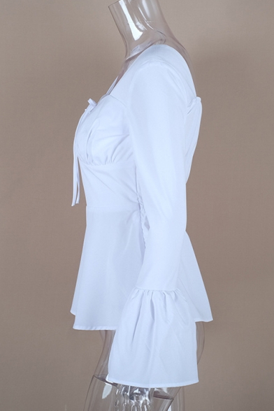 White Plain Square Neck Flare Long Sleeve Pleated Bow Front Fitted Blouse