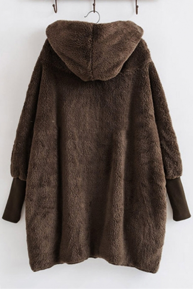 Winter's New Arrival Long Sleeve Hooded Opeb Front Ribbed Cuff Fleece Tunics Coat
