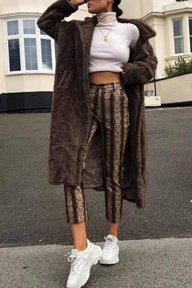 Winter's New Trendy Chic Long Sleeve Faux Fur Plain Tunics Notched Lapel Collar Coat