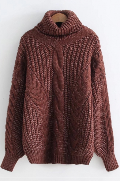Winter's Turtleneck Long Sleeve Warm-Up Basic Solid Cable-Knitted Sweater