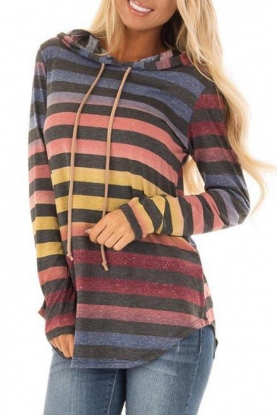 Autumn's New Arrival Long Sleeve Colorful Stripes Tunics Blue Hoodie