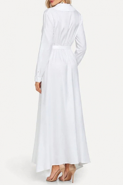 Boho Style Long Sleeve Lapel Collar Plain Split Front Tie Waist Cotton White Maxi Dress