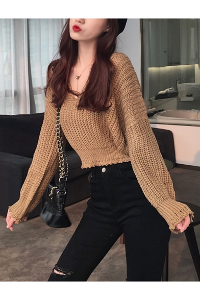 Coffee V-Neck Long Sleeve Basic Solid Casual Loose Cropped Pullover Sweater
