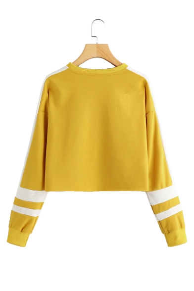 Crewneck Long Sleeve White Striped Patched Cropped Yellow Sweatshirt