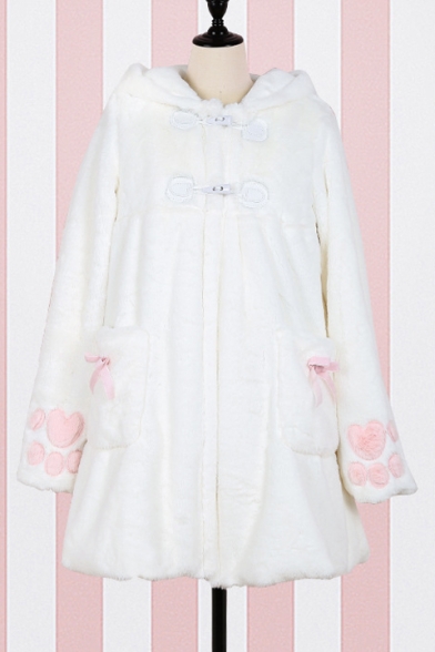 Cute Cartoon Cat Claw Printed Toggle Long Sleeve Bow Embellished Hooded Coat