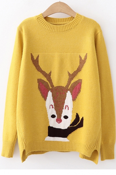 Cute Cartoon Deer Printed Long Sleeve Round Neck Leisure Sweater for Girls