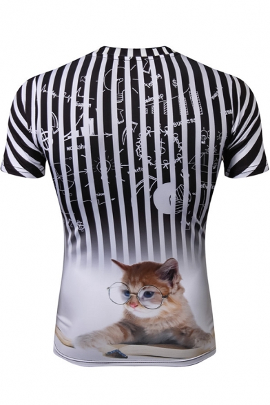 Digital Stripe Cat Pattern Crwneck Short Sleeve Casual Tee