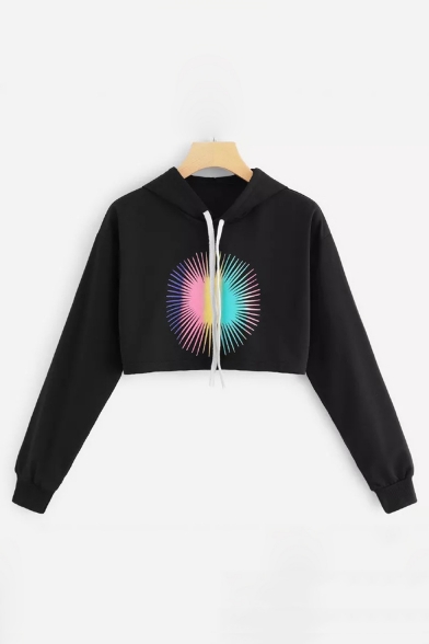 Fashion Firework Pattern Long Sleeve Black Cropped Loose Fitted Hoodie