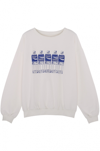 

Fresh Long Sleeve Round Neck Pattern Leisure White Sweatshirt