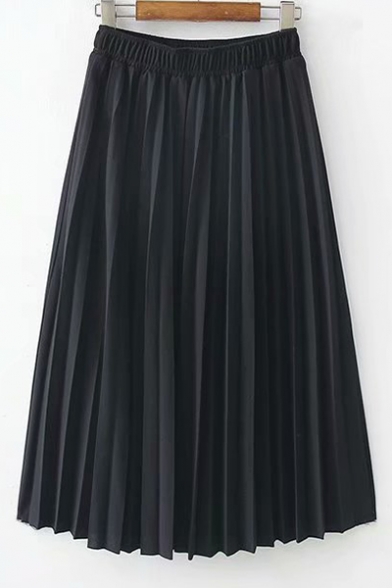 Fresh Plain Elastic Waist Stylish Midi Pleated Skirts