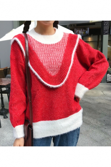 Girls' Lovely Patchwork Crew Neck Long Sleeve Colorblock Pullover Sweater
