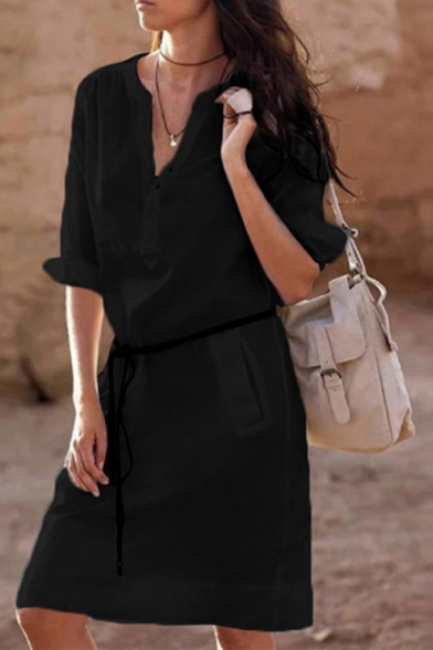 Hot Fashion Long Sleeve V-Neck Tied Waist Solid Basic Mini Shift Shirt Dress