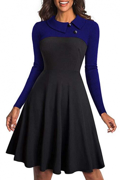 Hot Fashion Plaid Patchwork Long Sleeve Lapel Collar Button Embellished Midi A-Line Pleated Dress