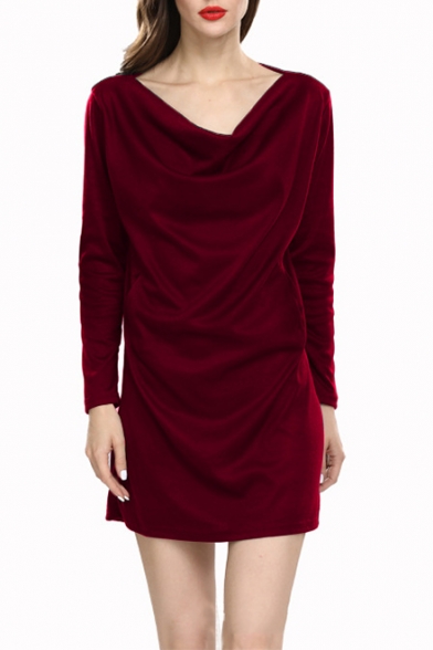 Ladies' Graceful Cowl Neck Long Sleeve Basic Solid Mini Cotton Sheath Dress