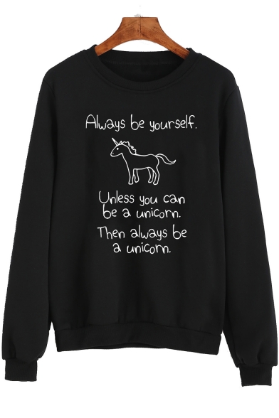 Leisure Long Sleeve Cartoon Unicorn Letter Printed Round Neck Sweatshirt