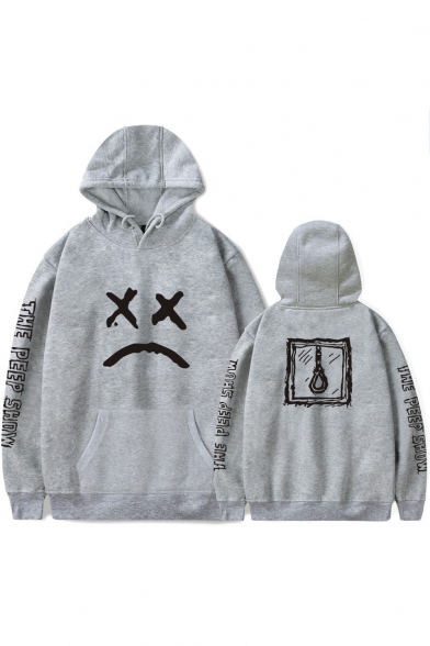 Letter THE PEEP SHOW Long Sleeve Sad Face Printed Relaxed Casual Hoodie