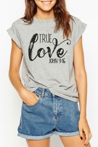 Letter TRUE LOVE Pattern Crewneck Short Sleeve Gray Cotton T-Shirt