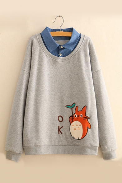 Long Sleeve Lapel Collar Patched Cartoon Chinchilla Letter Printed Sweatshirt