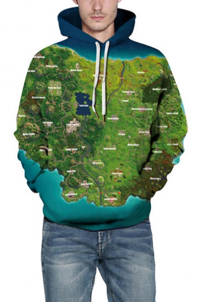 New Fashion 3D Green Castle Map Pattern Long Sleeve Loose Fitted Hoodie