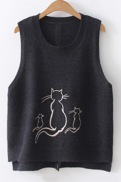 Round Neck Sleeveless Cute Cartoon Cat Printed High Low Knit Sweater Vest