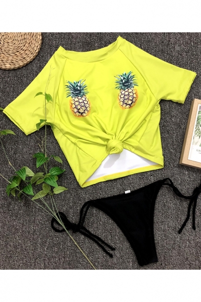 Sexy Beach Style Pineapple Print Round Neck Short Sleeves Cropped Top with Plain Bottom Swimwear