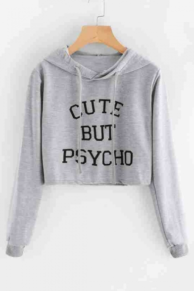 Sexy Long Sleeve Letter CUTE BUT PSYCHO Printed Hooded Leisure Gray Cropped Tee