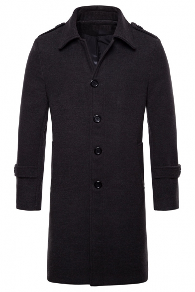 Simple Long Sleeve Lapel Collar Single Breasted Plain Longline Woolen Coat