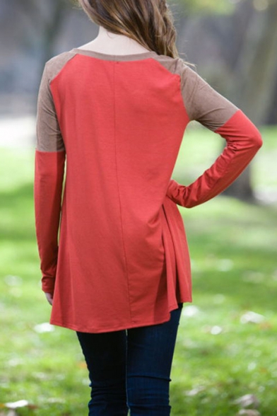 Stylish Colorblock Long Sleeve Round Neck Cartoon Deer Sequined Red Tee