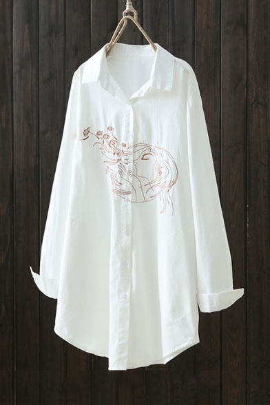 Sweet Cartoon Girl Embroidered Spread Collar Long Sleeve Button Front Longline White Shirt