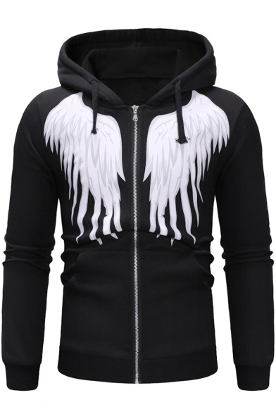 Trendy Black Wings Pattern Front Long Sleeves Slim Fir Zip Up Hoodie