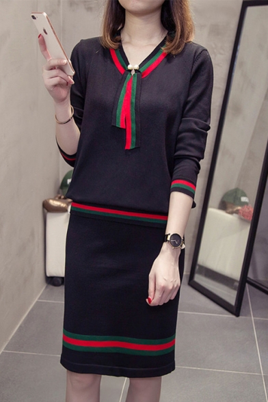 Trendy Blue and Red Striped Trimmed Long Sleeve V-Neck Top Midi Shift Skirt Knitted Co-ords