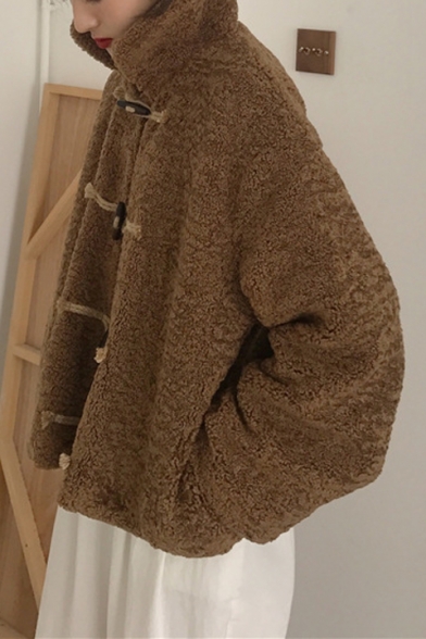 Vintage Khaki Toggle Button Front Lapel Collar Long Sleeve Warm Shearling Short Coat