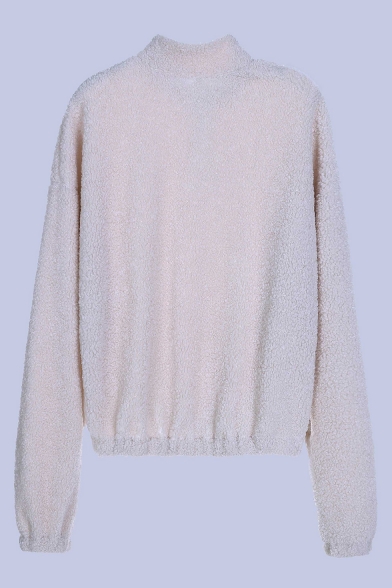 Warm-Up Long Sleeve High Neck Plain Half-Zip Beige Sweatshirt