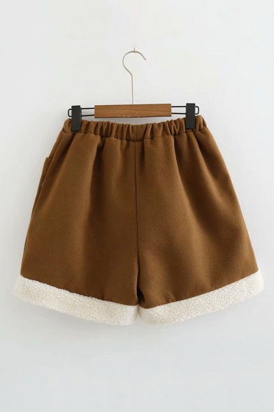 Warm Wide Leg Fleece Patched Letter LITTER LAMB Printed High Elastic Waist Woolen Shorts